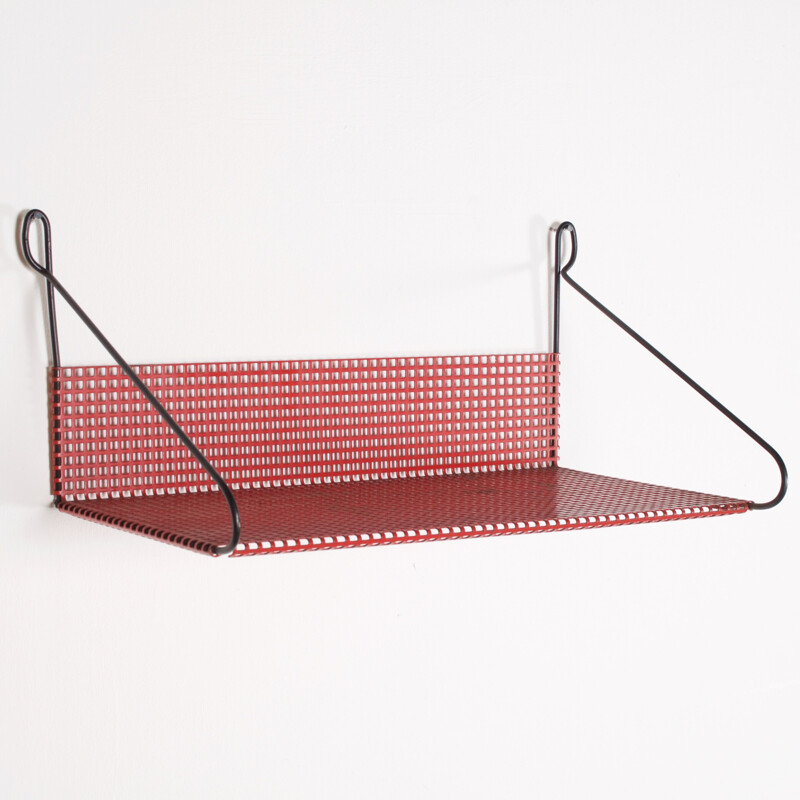 Vintage Dutch red wall shelf in perforated metal by Pilastro