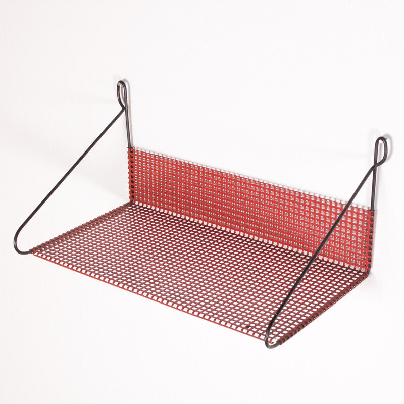 Vintage Dutch red wall shelf in perforated metal by Pilastro