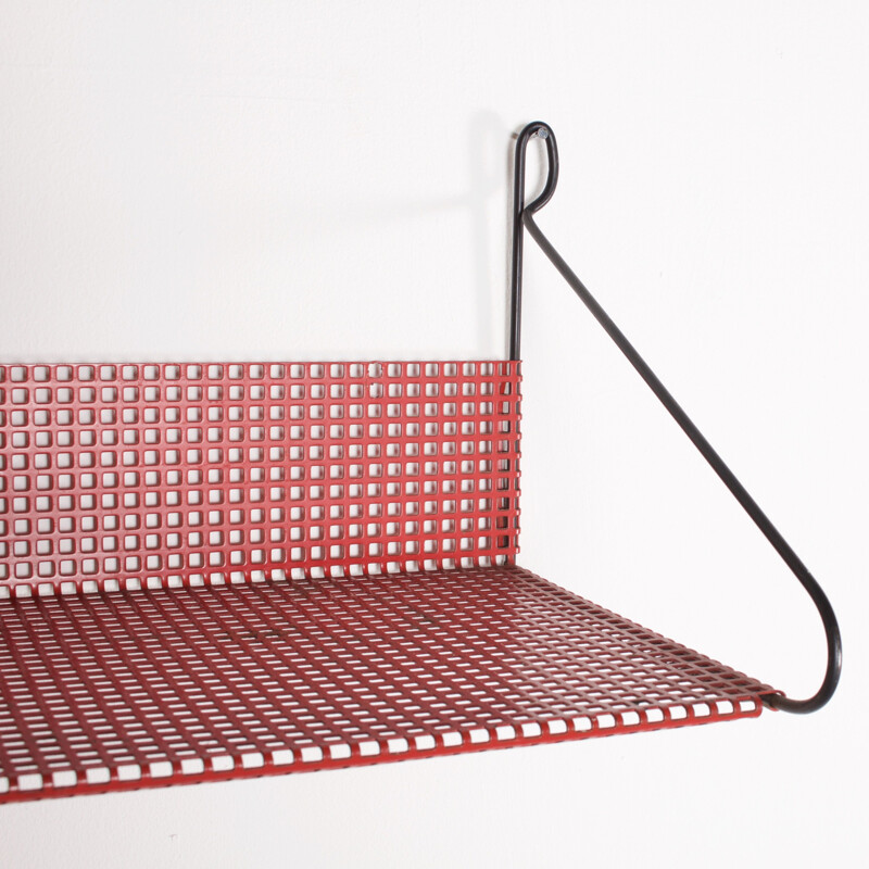 Vintage Dutch red wall shelf in perforated metal by Pilastro