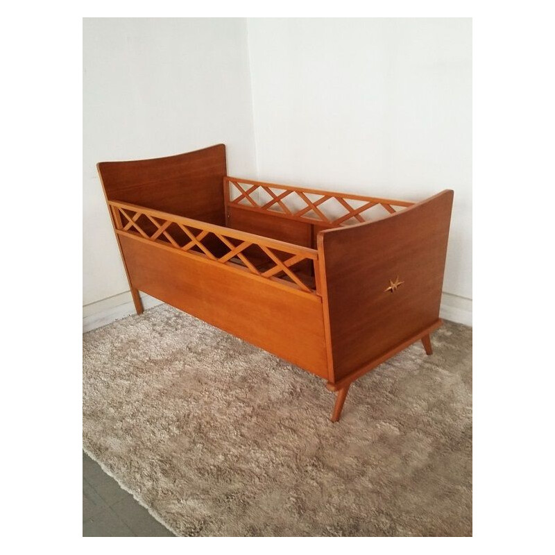 Vintage french wooden bed for infant 1960