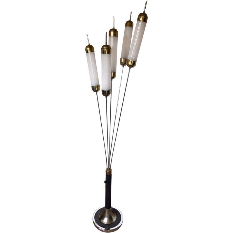 Vintage italian floorlamp reeds lamppost in metal and glass 1970
