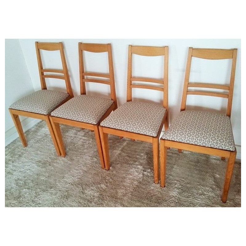 Set of 4 vintage oak and fabric chairs 1960