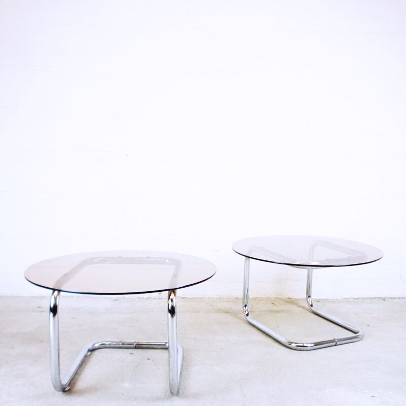 Set of 2 vintage scandinavian tables in smoky glass and metal 1970