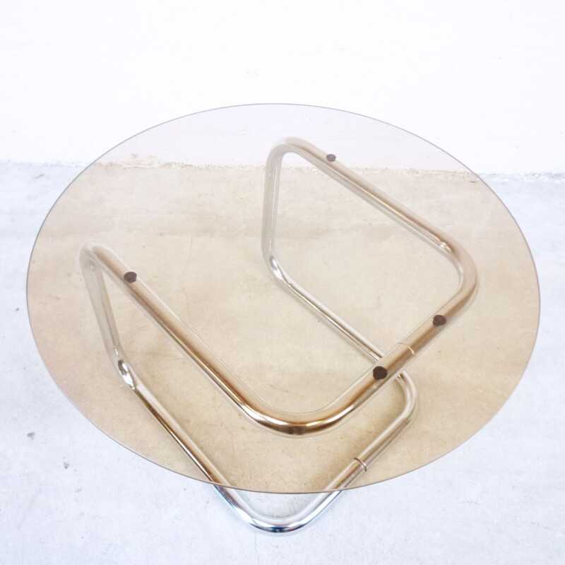 Set of 2 vintage scandinavian tables in smoky glass and metal 1970