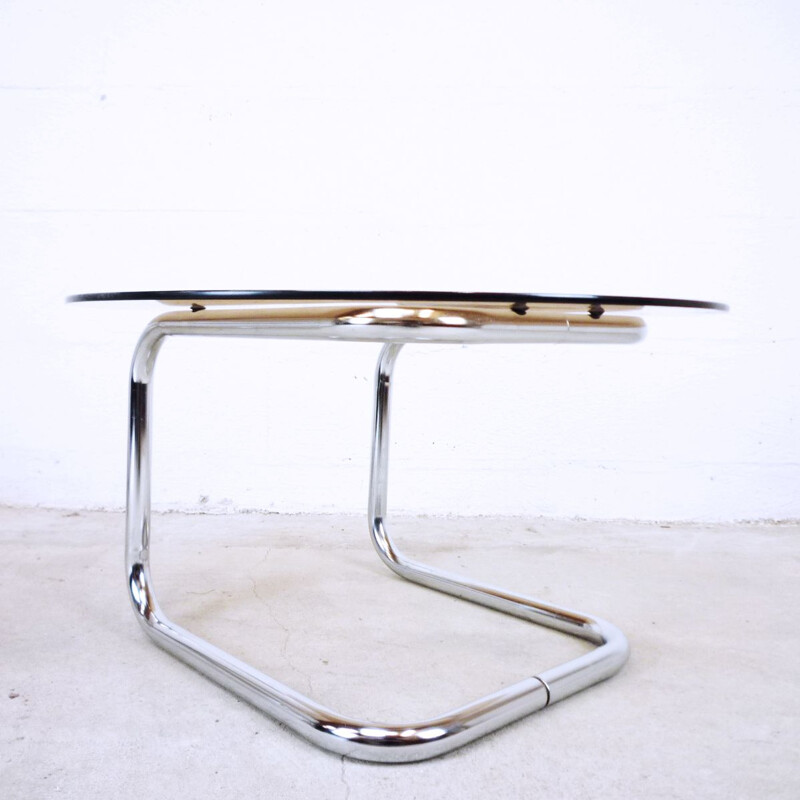 Set of 2 vintage scandinavian tables in smoky glass and metal 1970