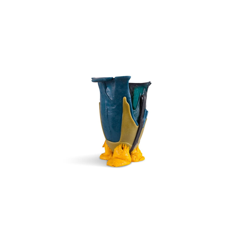 Vase vintage par Gaetano Pesce en résine bleue et jaune 1990