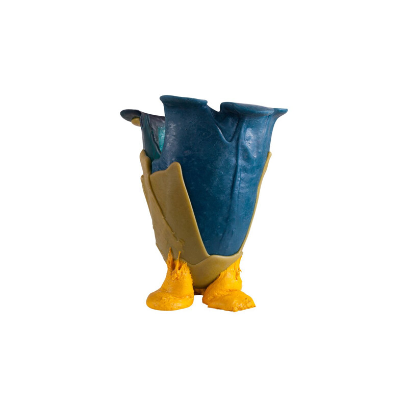 Vase vintage par Gaetano Pesce en résine bleue et jaune 1990