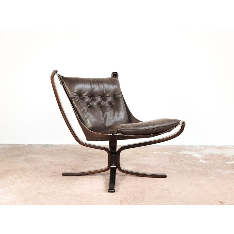 Vintage low back falcon armchair in brown leather by Sigurd Ressell for Vatne Møbler