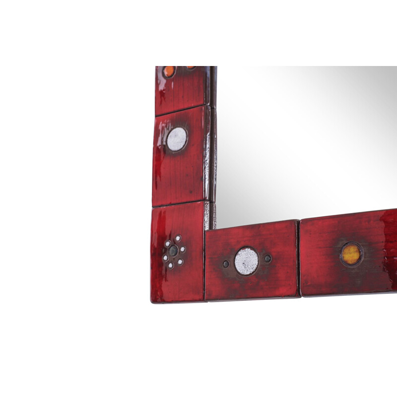 Miroir vintage à carreaux en céramique rouge par Oswald Tieberghien