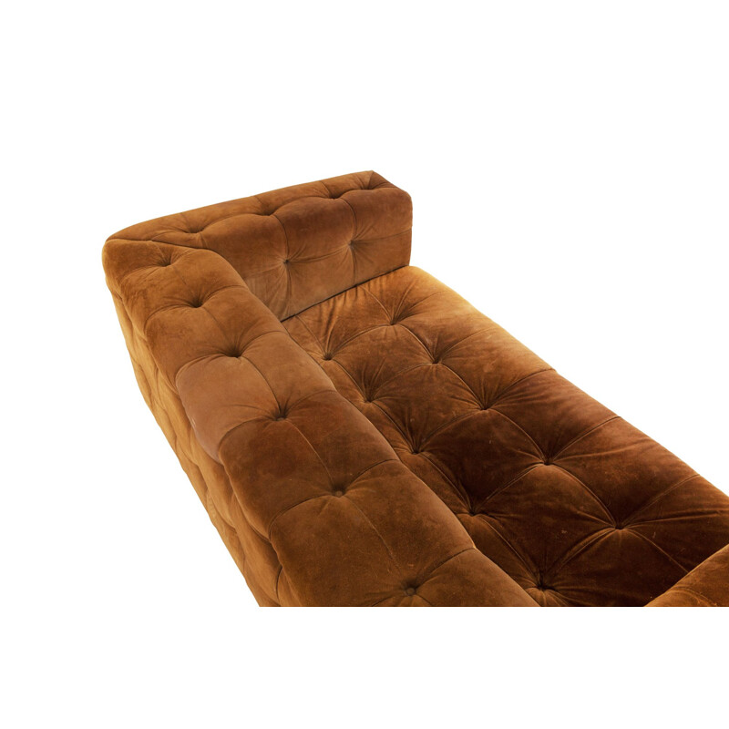 Vintage 3 seater sofa in tufted camel suede on chrome feet