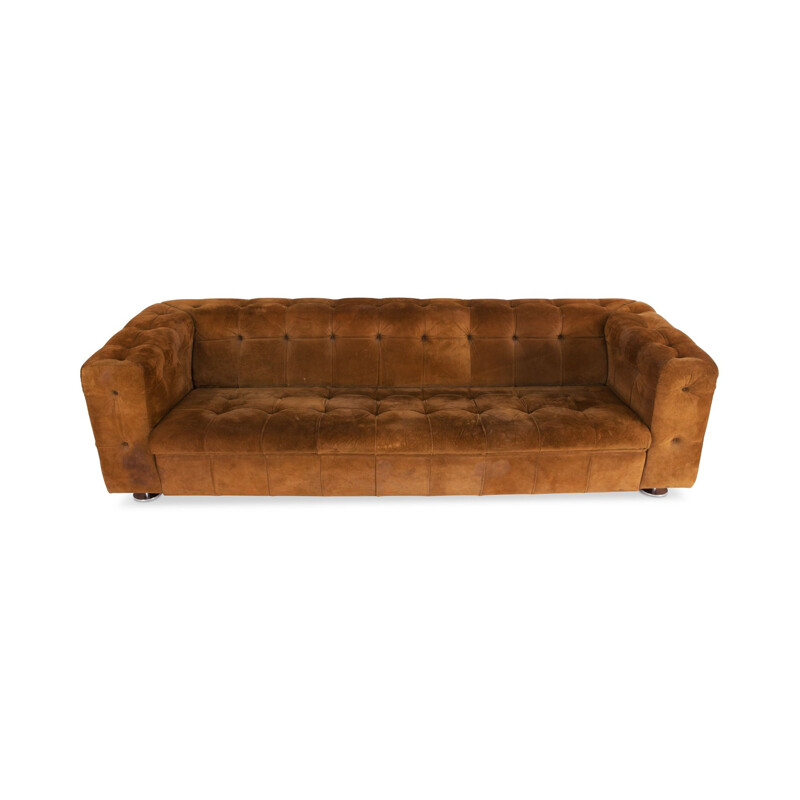 Vintage 3 seater sofa in tufted camel suede on chrome feet