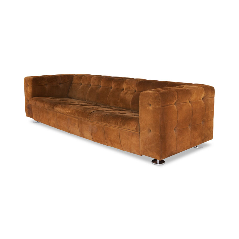 Vintage 3 seater sofa in tufted camel suede on chrome feet