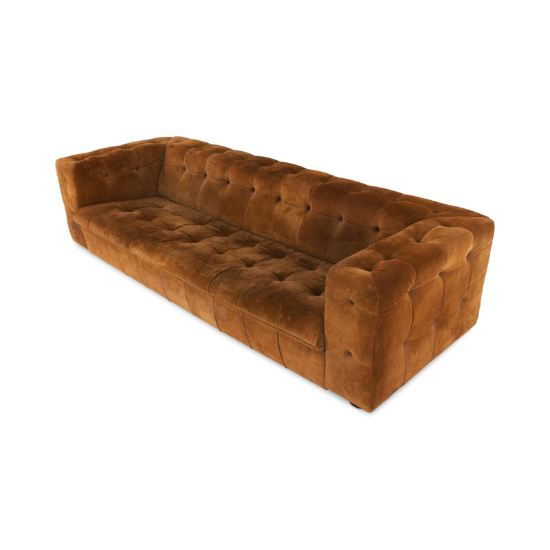 Vintage 3 seater sofa in tufted camel suede on chrome feet