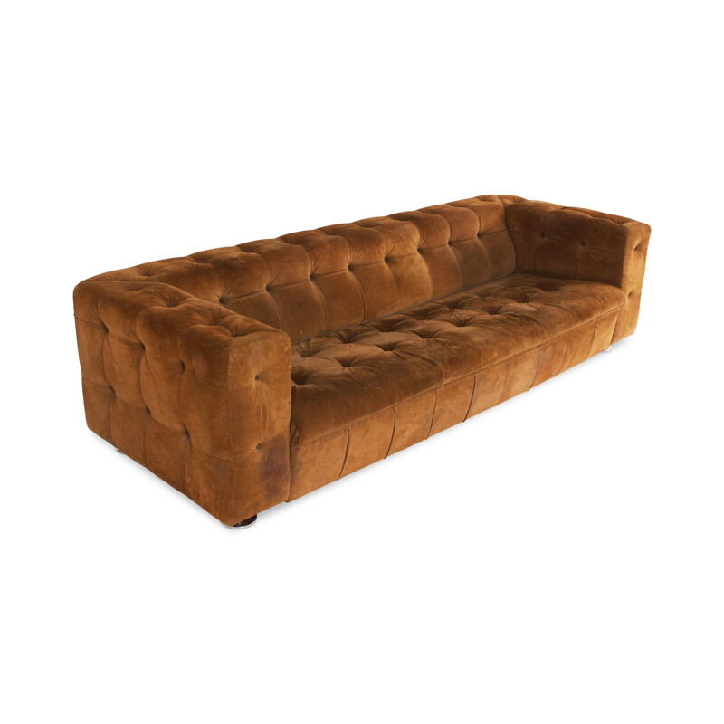 Vintage 3 seater sofa in tufted camel suede on chrome feet