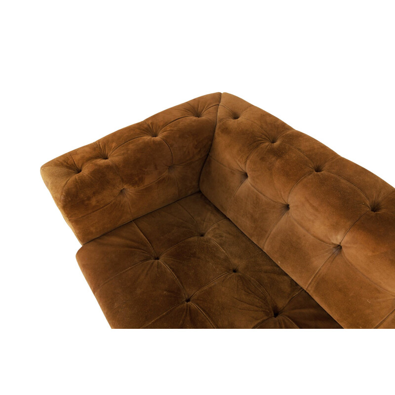 Vintage 3 seater sofa in tufted camel suede on chrome feet