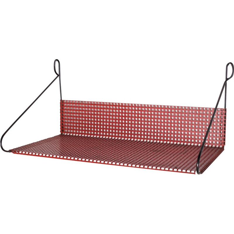 Vintage Dutch red wall shelf in perforated metal by Pilastro