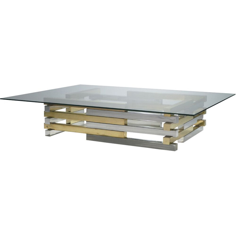 Large vintage coffee table in brass and chrome