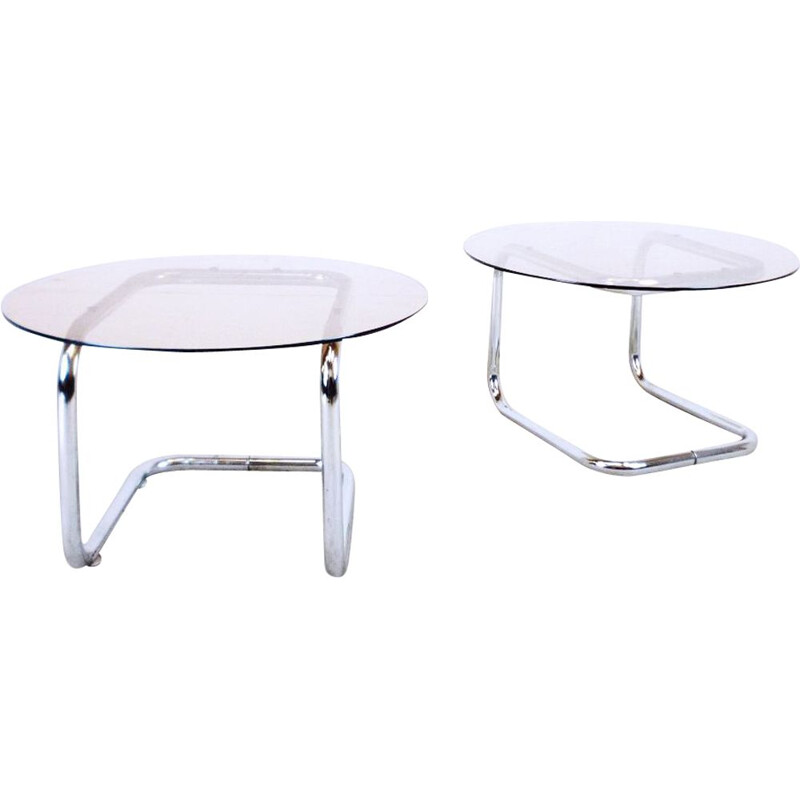 Set of 2 vintage scandinavian tables in smoky glass and metal 1970