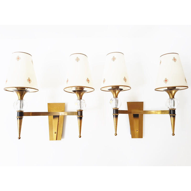 Pair of 2 vintage bronze and crystal wall lamp, 1950