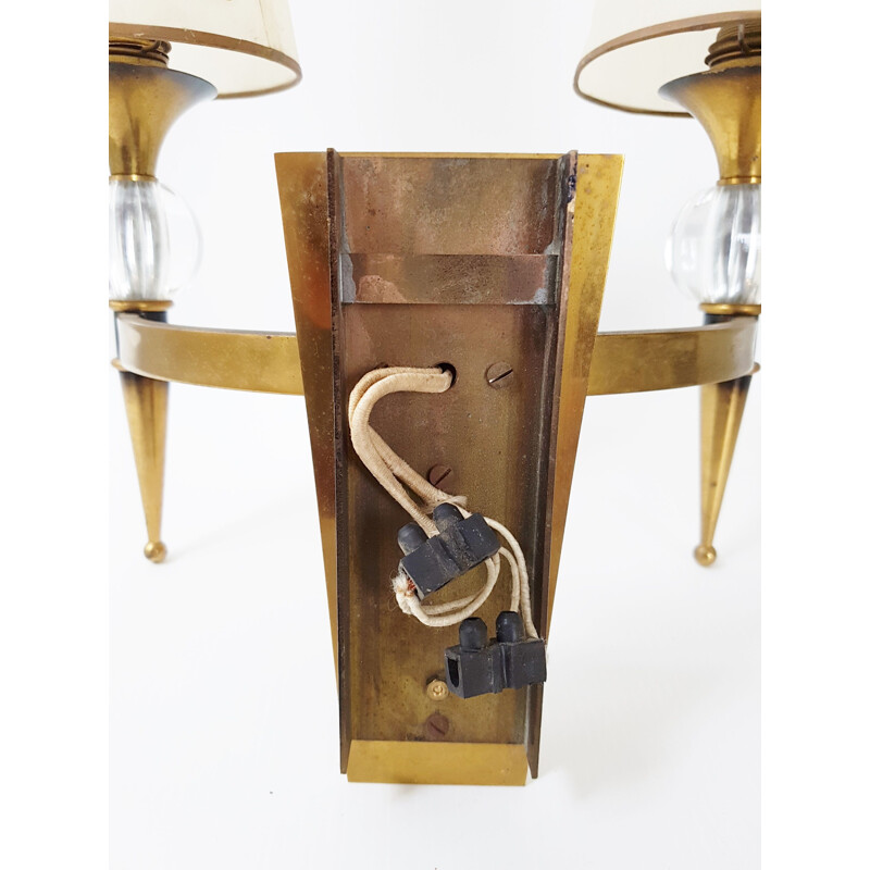 Pareja de apliques vintage de bronce y cristal, 1950