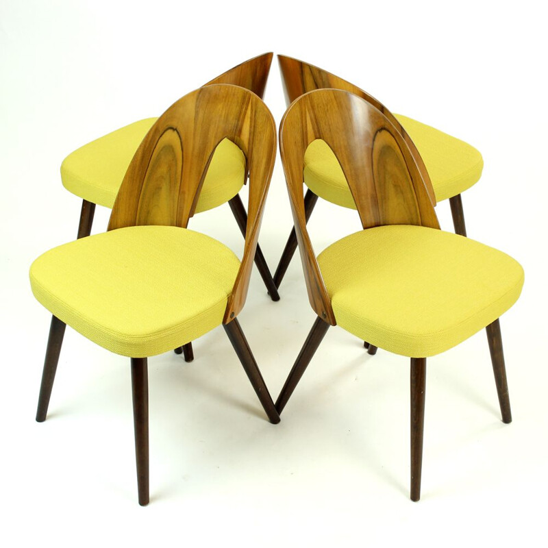 Set of 4 vintage yellow dining chair in walnut by Antonin Suman for Tatra