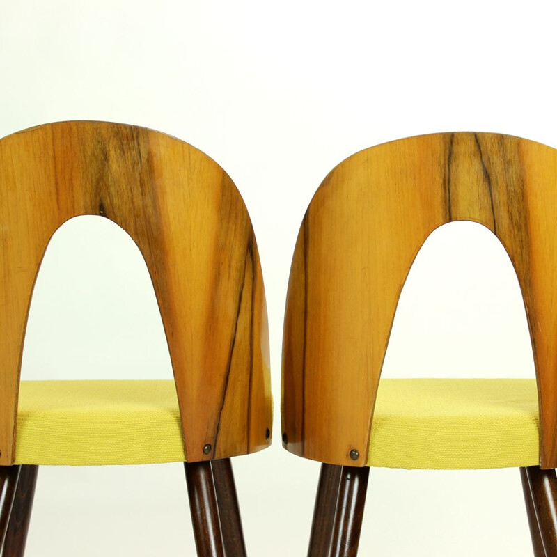 Set of 4 vintage yellow dining chair in walnut by Antonin Suman for Tatra