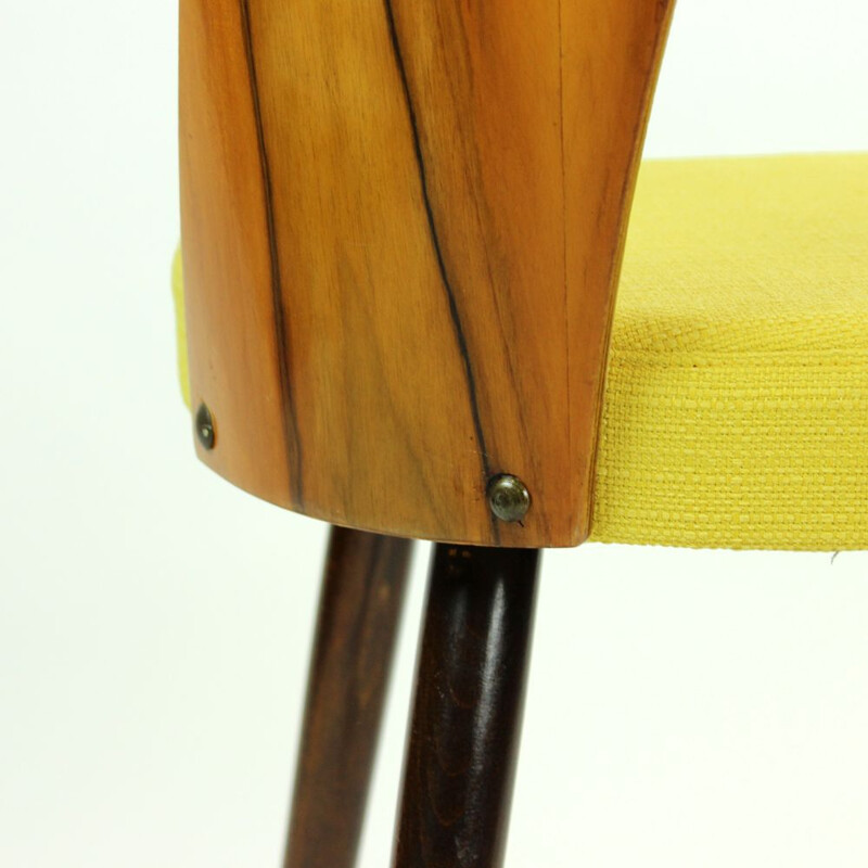 Set of 4 vintage yellow dining chair in walnut by Antonin Suman for Tatra