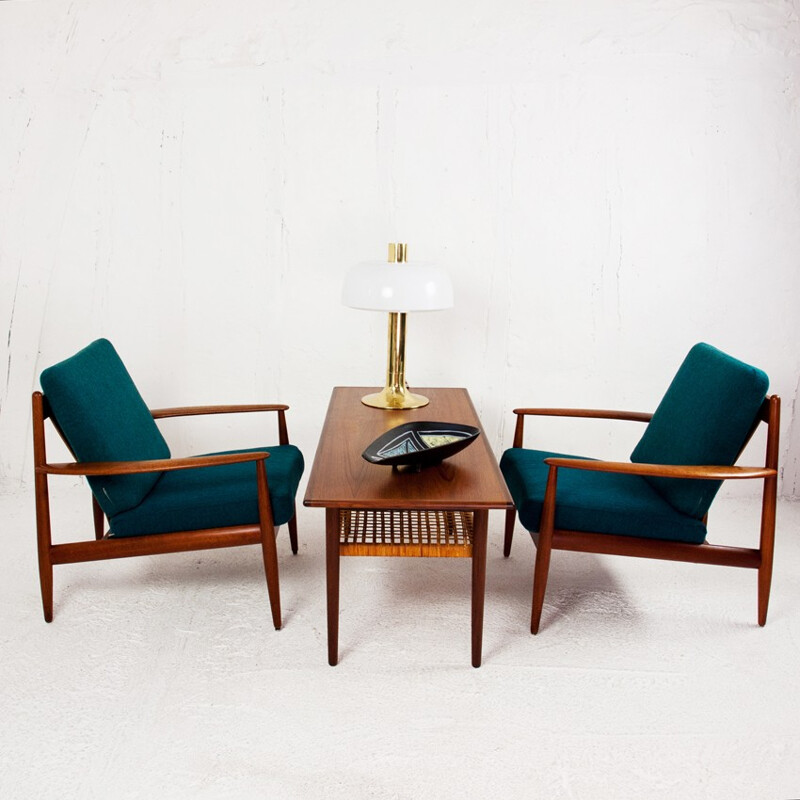 Pair of Scandinavian armchairs in teak and wool, Grete JALK, France and Son edition - 1960s