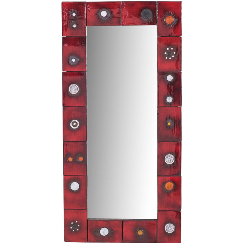 Vintage ceramic tile mirror in red glaze by Oswald Tieberghien