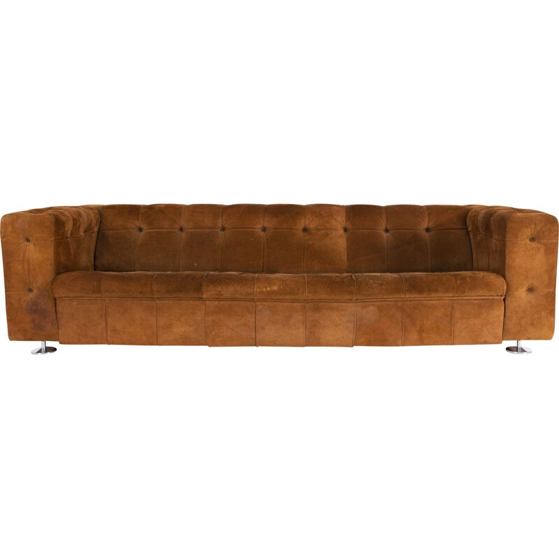 Vintage 3 seater sofa in tufted camel suede on chrome feet