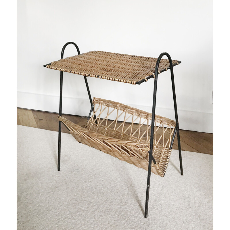 Vintage wicker and metal side table, France 1950
