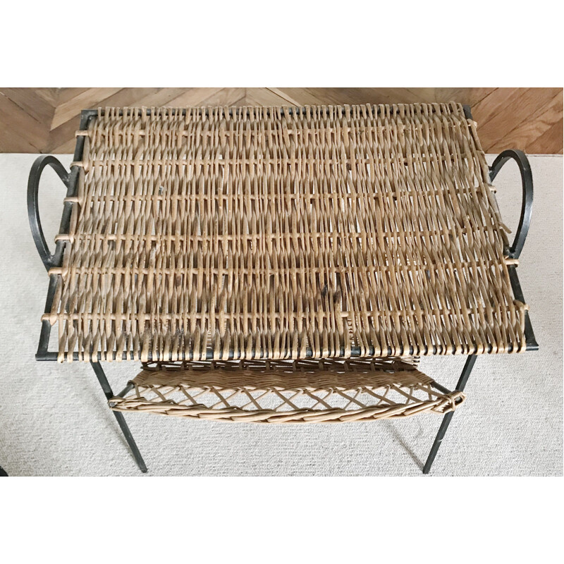 Vintage wicker and metal side table, France 1950