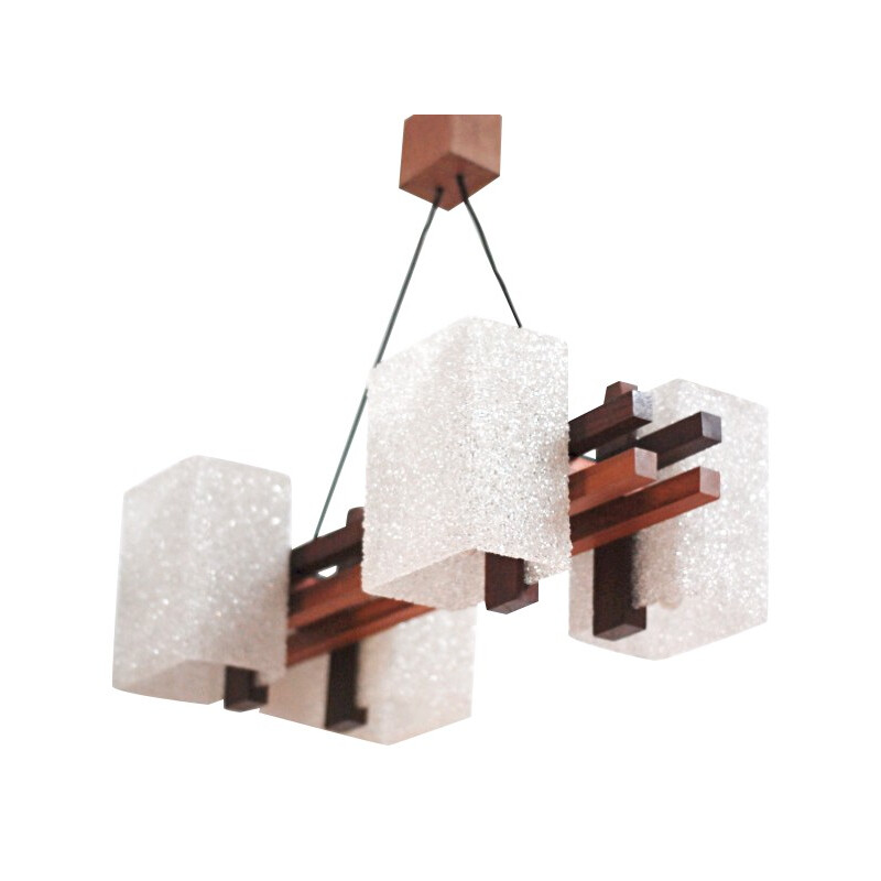 Scandinavian chandelier in teak and resin - 1970s