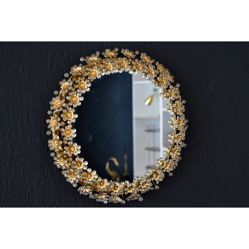 Vintage golden mirror with crystal flowers