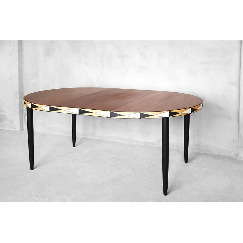 Vintage adjustable teak table with hand-painted pattern 1960