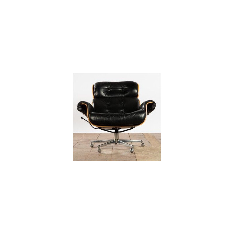 French vintage armchair in black leather and rosewood 1960