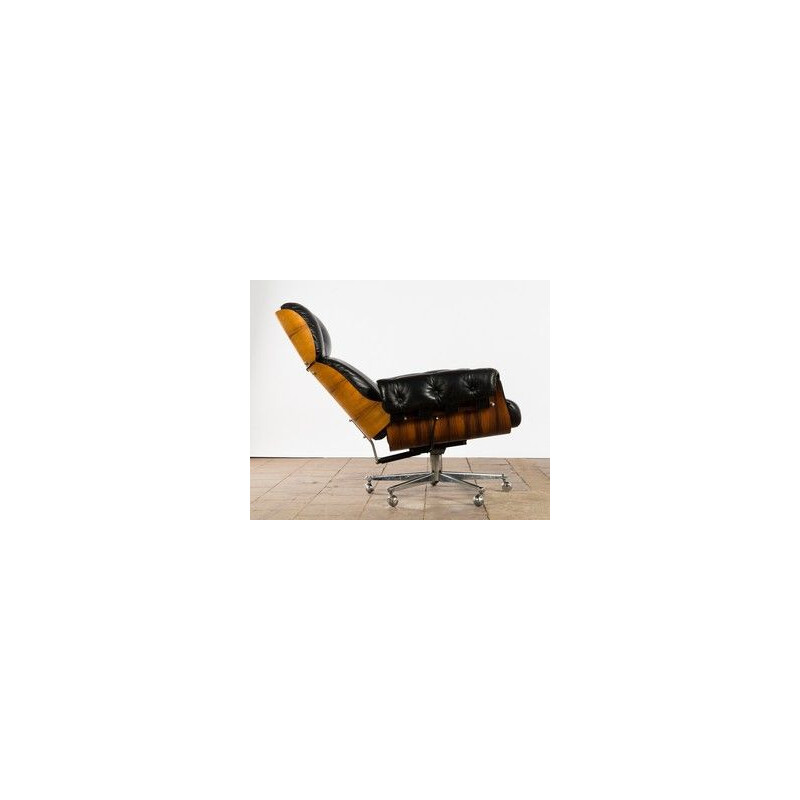 French vintage armchair in black leather and rosewood 1960