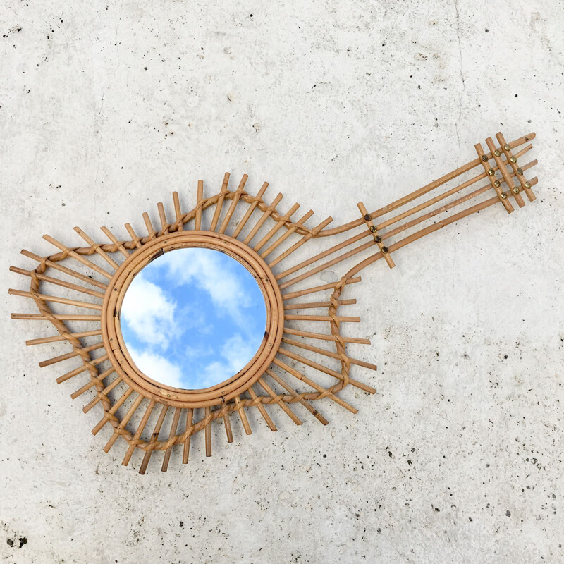 Large vintage french wall mirror in bamboo and rattan 1950