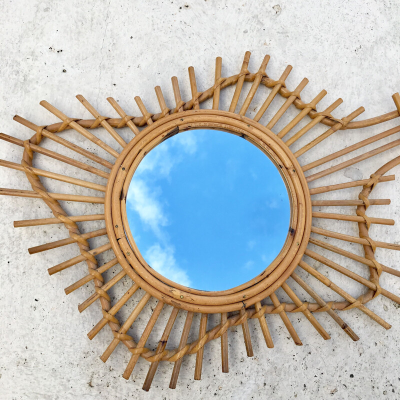 Large vintage french wall mirror in bamboo and rattan 1950