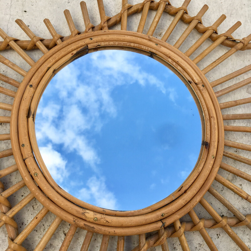 Large vintage french wall mirror in bamboo and rattan 1950