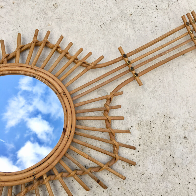 Large vintage french wall mirror in bamboo and rattan 1950
