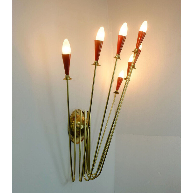 Large vintage sputnik 7-light wall llamp in red and yellow brass 1950