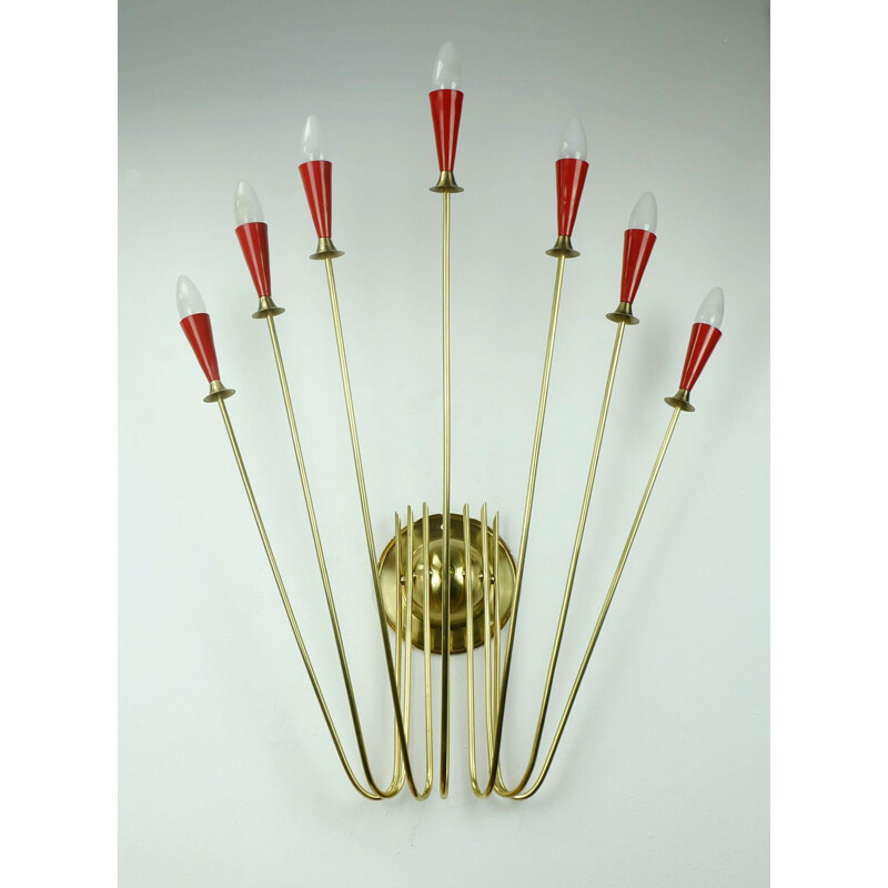 Large vintage sputnik 7-light wall llamp in red and yellow brass 1950