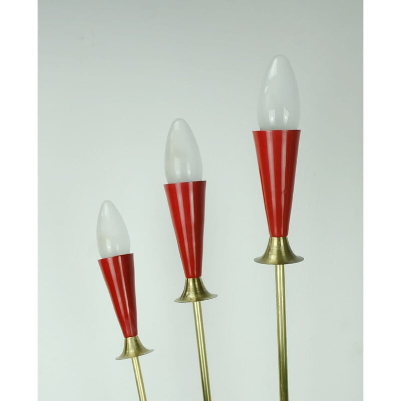 Applique vintage Spoutnik 7 lumières en laiton rouge et jaune 1950