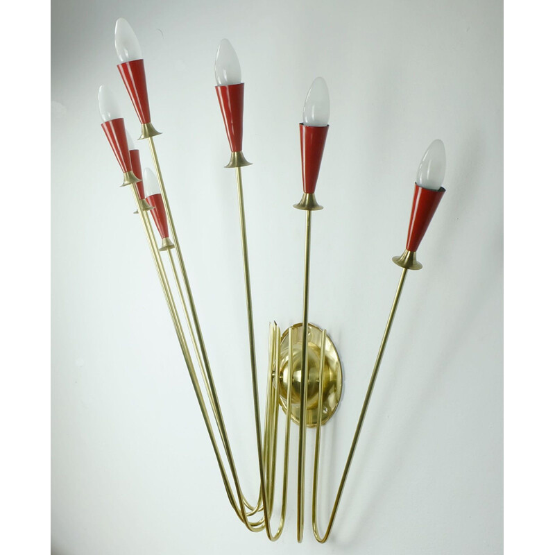 Large vintage sputnik 7-light wall llamp in red and yellow brass 1950