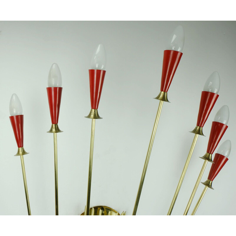 Large vintage sputnik 7-light wall llamp in red and yellow brass 1950