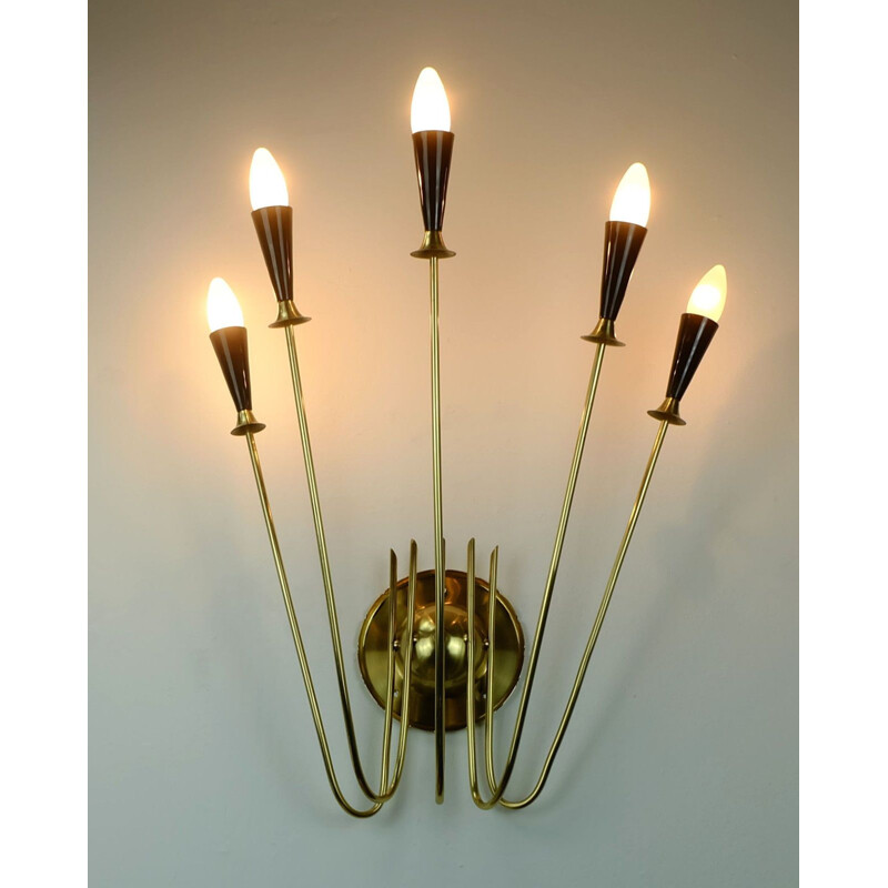 Large vintage black sputnik 5-light wall lamp in brass 1950