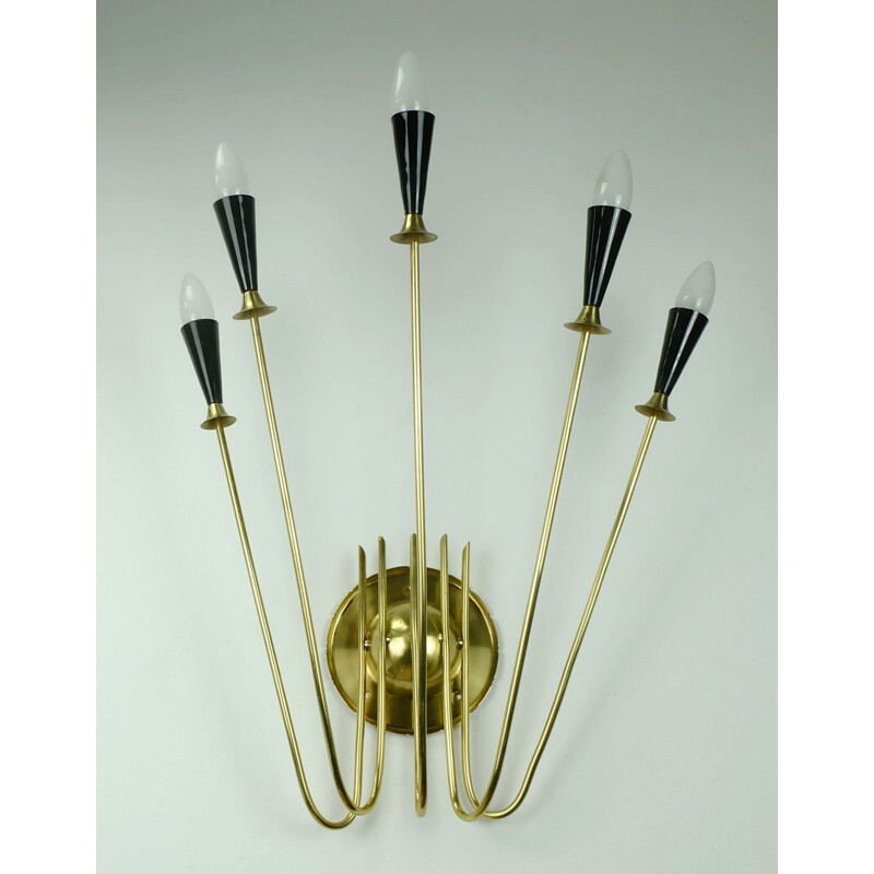 Large vintage black sputnik 5-light wall lamp in brass 1950