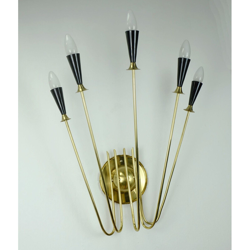 Large vintage black sputnik 5-light wall lamp in brass 1950