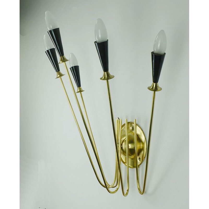 Large vintage black sputnik 5-light wall lamp in brass 1950